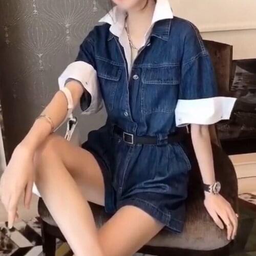 Fashion Detachable Shirt Contrast Color Patchwork Jean Jumpsuit Retro Casual High-waisted Fake Two-piece Jumpsuits for Women