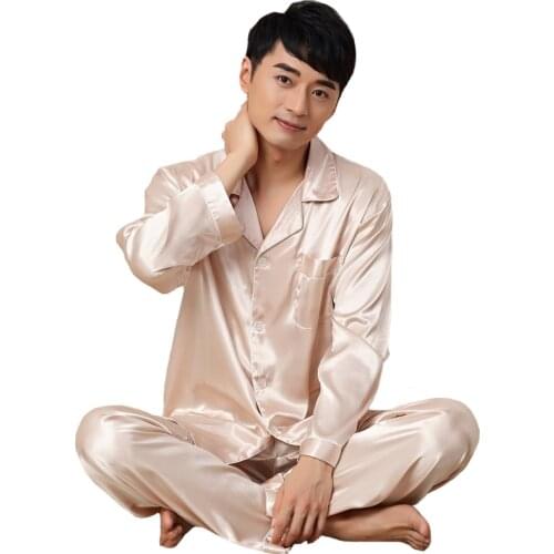 Men Sleepwear Summer Casual Pajama Set Satin Male Nightwear Suit Long Sleeve 2 Piece Shirt+Pants Pajamas Suit Big Size 3XL