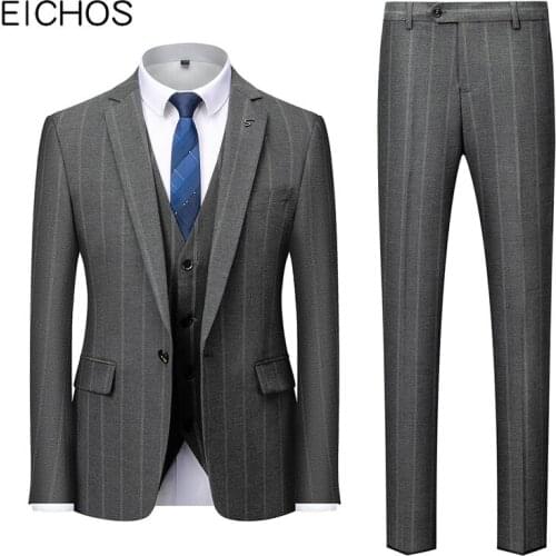 High Quality Gray Stripe Suits for Men Three Piece Autumn Winter Mens Wedding Suits Prom Party Dress Dinner Christmas Suit Male