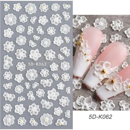 White Embossed Flower Lace 5D Sticker Three-dimensional Embossed Nail Art Decal With Self-adhesive Roses Floral Butterfly Decor