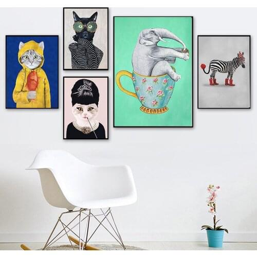 Funny AnimalsElephant Cat Rabbit Zebra Wall Art Canvas Painting Nordic Posters and Prints Wall Pictures for Living Home Decor
