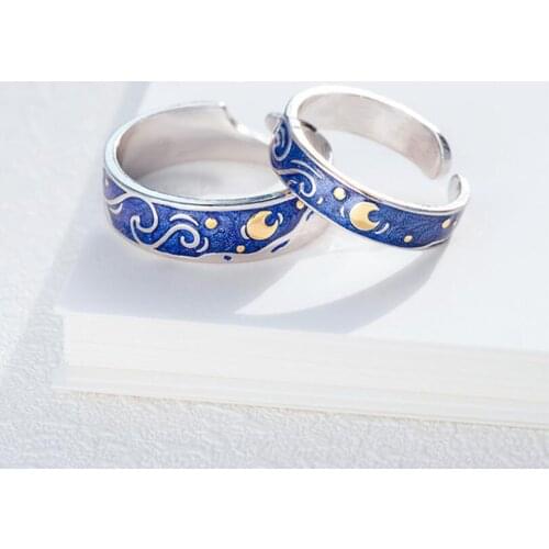 New Fashion Van Gogh Starry Sky Couple Opening Rings For Women Geometry Moon Rings Party Gifts Jewellery Accessories SAR212