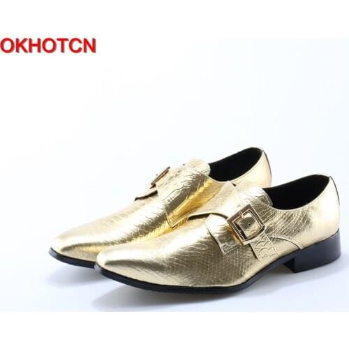 OKHOTCN Italy Fashion Design Gold Buckle Pointed Toe Men Genuine Leather Shoes Men Dress Flats Party Wedding Men Loafers