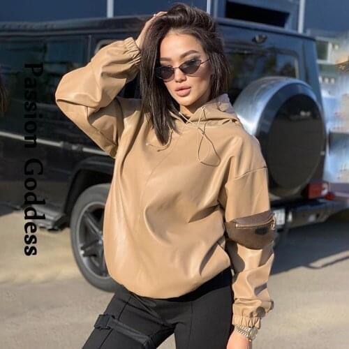Casual Fashion Women PU Hoodies Sweatshirt Windproof Black Khaki Leather Loose Pullovers Outcoat Long Sleeve Hooded Sweatshirts
