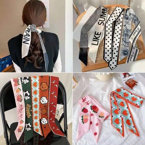 Fashion Print Hairband Satin Scarf Hair Ribbon For Women Vintage Classic Pattern Bow Scrunchies Streamers Handle Bag Accessories
