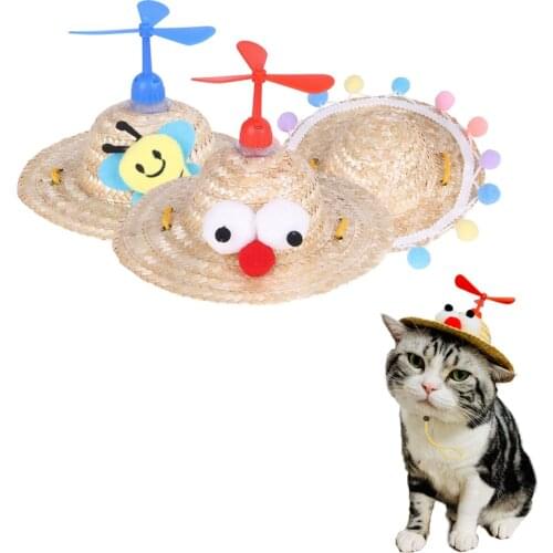 Pet Straw Hat Fashion Cute Ornaments Bamboo Dragonfly Cat Straw Sun Hat Outdoor Adjustable Drawstring Small and Medium Pet Hat