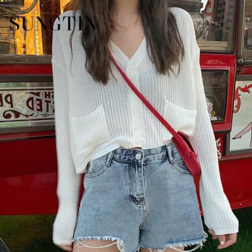 Sungtin Elegant Pockets Single Breasted Knitted Coats Women Korean Fashion Chic Solid Tee Tops Casual V Neck Thin Coat New 2021