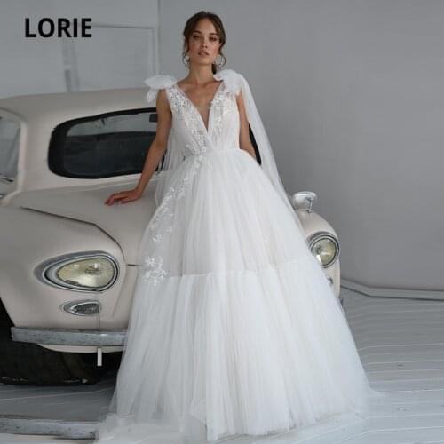LORIE Boho Wedding Dresses V-Neck Appliques Lace Tulle Pleats A-Line Wedding Gown Bride Dress Princess vestidos de novia