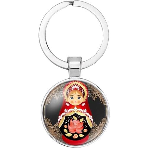 Tradition Russian Doll Picture Glass Cabochon Key Chain Key Ring Accessories Car Key Holder Jewelry for Kids Xmas Gift