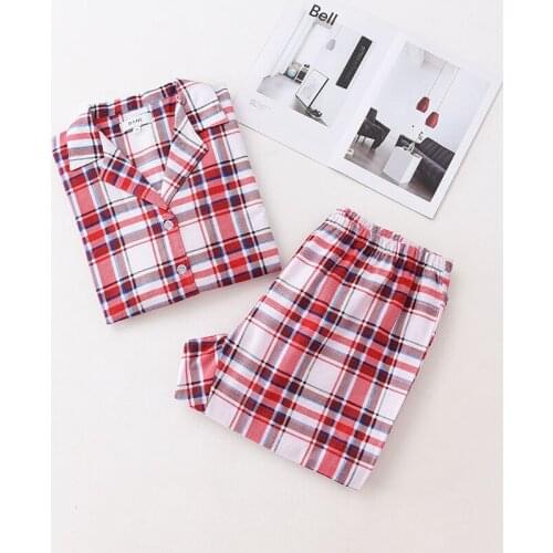 2021 Spring Women Casual Plaid Pajama sets Female 100% Cotton Sleepwear suit Women long slee Turn-down collar shirt & Pants XXL