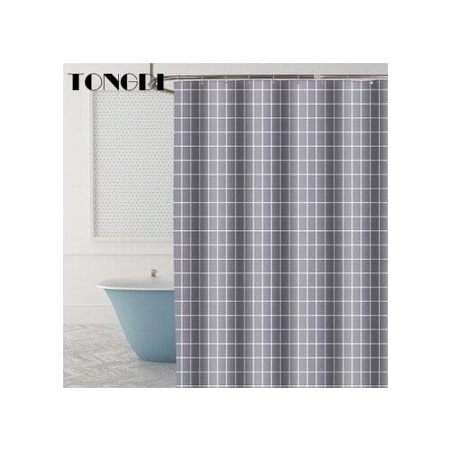 TONGDI Shower Curtain Waterproof Eco-friend Elegant Square Plaid Pattern Quick-drying Printing Purity For Bathroom Washroom Home
