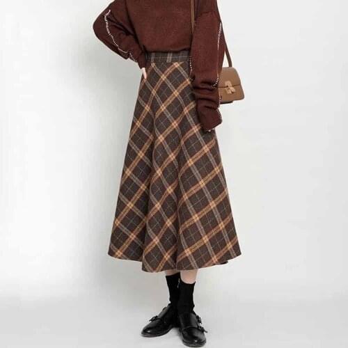 Vintage Plaid Wool Midi Skirts 2021 Autumn Women Plus Size 4xl Loose Long Skirts Pleated Winter Warm High Waist A-Line Skirt