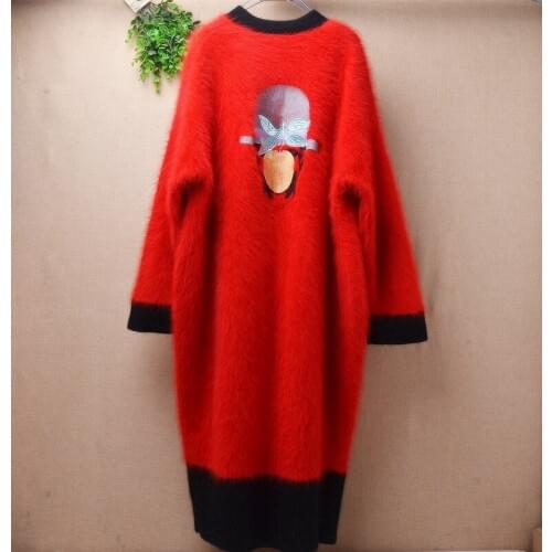 Woman female christmas red mink cashmere ET embroidery loose long sleeved thick cardigan mantle angora rabbit jacket winter coat