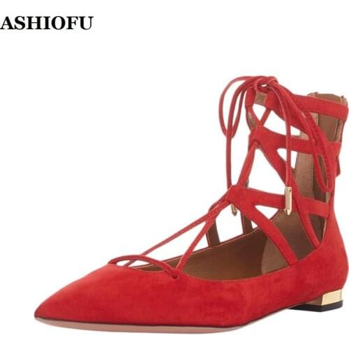 ASHIOFU New Style Handmade Ladies Flats Shoes Cross-strap Shoelace Party Prom Shoes Ballets Faux-leather Evening Fashion Shoes