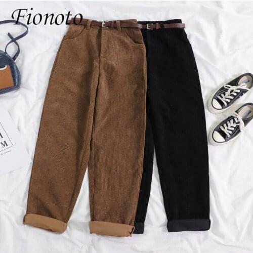 Fionoto New 2020 Women Spring Corduroy Pants High Waist Vintage Korean Wide Leg Pants Elegant Belt Loose Cotton Streetwear