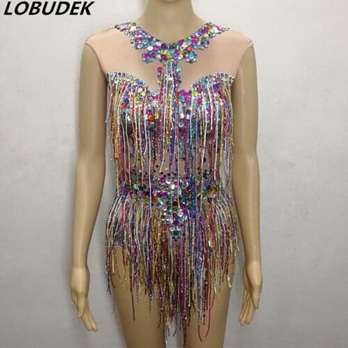 Colorful Tassels Crystals Bodysuit Sleeveless Bodysuits Female Singer Dance Outfit Bar Nightclub DJ Leading Dance Stage Costume
