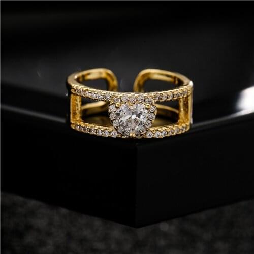 Hollow Design Heart Shape Crystal CZ Women Wedding Ring Gold Color Copper Engagement Jewelry Promise Gift