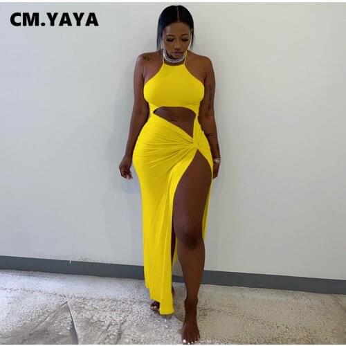 CM.YAYA Women Dress Solid Halter Hollow Outs Asymmetrical Long Splited Dresses Sexy Night Club Party Vestidos Fashion Outfits