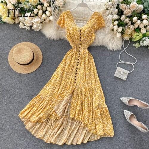 2020 Summer Dress Fashion Women Sexy Backless Slim Long Robe Ladies Vintage Foral Print Irregularity Ruffle Dresses Vestidos