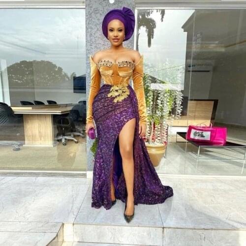Aso Ebi Dreses Party Evening Gowns Off Shoulder Beads Lace Appliques Side Split Mermaid Prom Dres Long Sleeve vestidos de fiesta