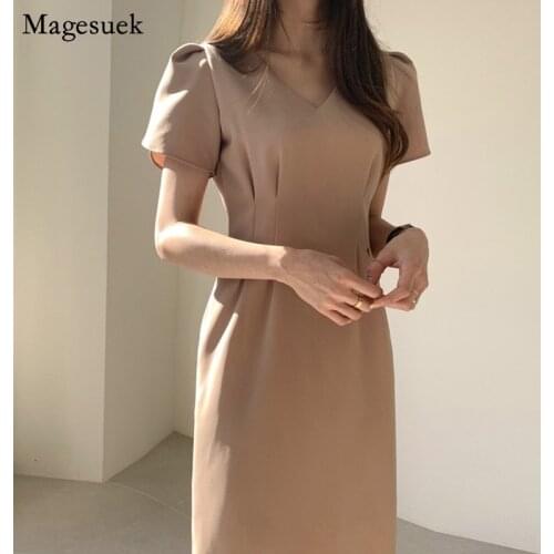 Vintage Midi Long Dress Women Summer New Korean Slim Elegant Dress V-neck Pleated Short Sleeve Dresses Woman Chic Vestidos 14499