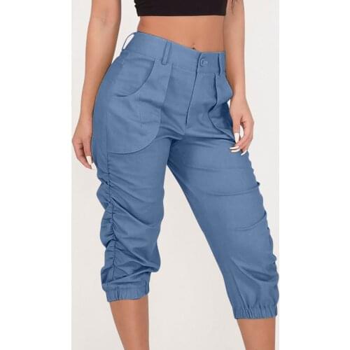 40# Denim Pocket Capri Pants For Girls Casual Solid Color Elastic Waist Women Pants Elasticity Breathable Pleated Trousers Women