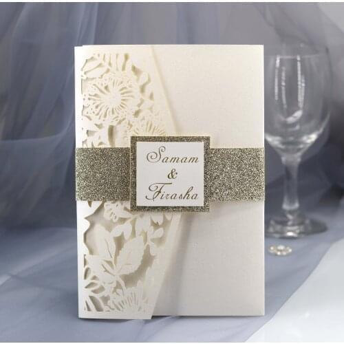 Burgundy Navy Ivory Laser Cut Wedding Invitations Cards with Belt for Bridal Shower Engagement Party,Customizable 100pcs