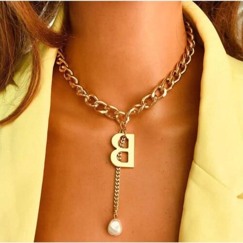 Gold Letter B Pendant Chokers For Women Irregular Pearl Jewelry Party Gift Statement Choker Thick Chain Necklace Punk Collar