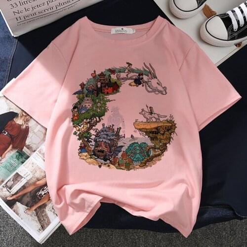 Miyazaki Hayao Spirited Away Graphic Print T-shirt Women Harajuku Aesthetic Pink Top Tshirt 2021 Summer Y2k Anime Female T Shirt