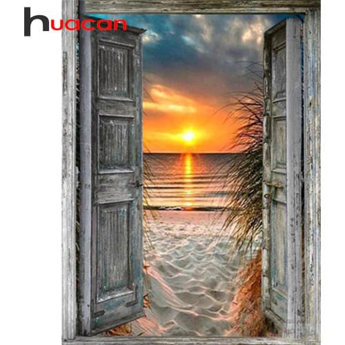 Huacan 5D DIY Diamond Painting Full Square Sunset Door Diamond Embroidery Mosaic Landscape Seaside Decorations Home Art