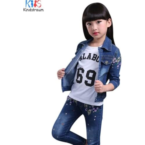 Kindstraum 2018 Girls Print Flowers Clothing Sets Children Coat + Pants + Shirts Denim Wear Spring & Autumn Suits for Kids,RC762