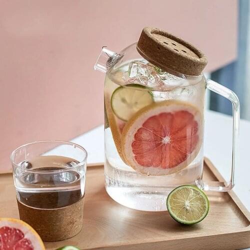 Creative Glass Cork Water Kettle Wooden Cover Flower Teapot Heat-resistant Juice Cold Kettle With Cork Lid Coffee Pitcher