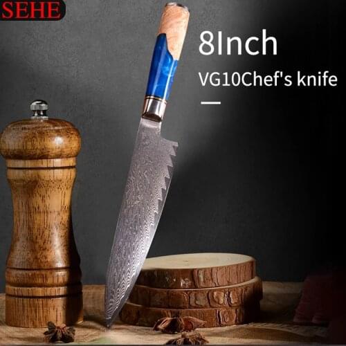 Kitchen Damascus Steel VG10 Chef Knife Cleaver Paring Bread Knife Blue Resin and Color Wood Handle Cooking Tool Cozinha Cocina