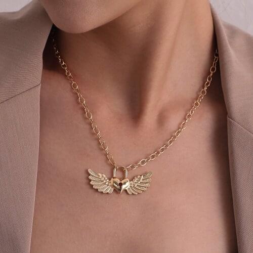 Fashion Angel Heart Lock Shape Necklace Pendant Women Creative Personality Gold Silver Color Statement Choker Necklace Jewelry
