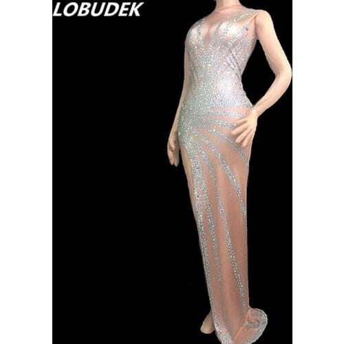 Fashion Sexy Female Long Dress Shining Rhinestones Skinny Trailing Dress Nightclub Prom Party One Piece Model Show Stage Costume