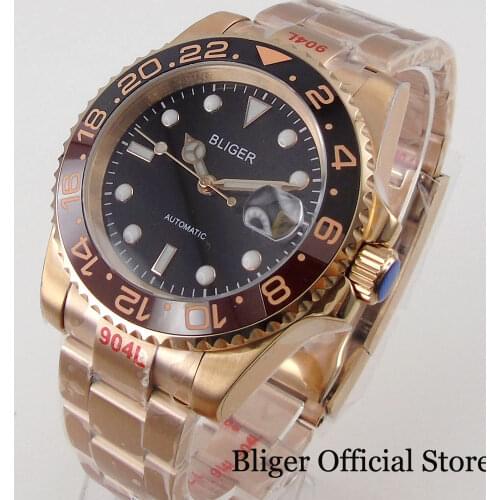 BLIGER Brand New Full Rose Gold Coated Selfwinding Wristwatch Men NH35A MIYOTA Root Beer Insert Oyster Strap Deployment Clasp