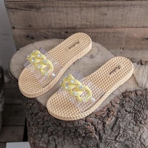 Crystal Chain Flat Slippers Summer Mules Clear Transparent Slippers Women Shoes Woman Casual Shoes Ladies Shoes Slides Plus Size