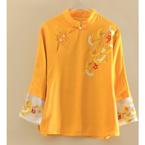 New style autumn Women coat Chinese Style stand collar Retro embroidery elegant three quarter sleeve Loose womens coat S-2XL