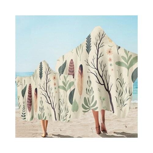 Wood Leaf Printing Microfiber Beach Poncho Towel For Adult Kids Bath Towel With Hooded Quick Drying Wearable Hooded Blanket