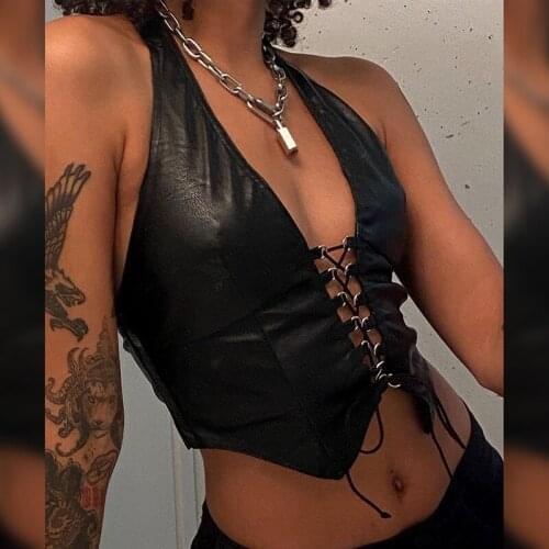 Sexy Black Faux Leather Halter Camis Women Vest Top Backless Lace-up Hollow Out Crop Tops Fashion Summer Lady PU Camisole