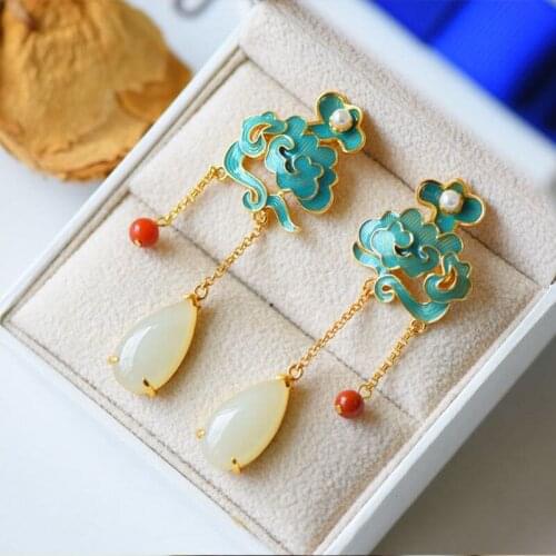 S925 Sterling Silver Blue Pearl Stud Earrings Chinese Style Natural Hetian White Jade Drop-Shaped South Red Tassel Eardrop Jewel