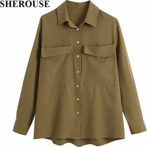 SHEROUSE 2021 Women Fashion With Pockets Single Breasted Solid Blouse Lapel Neck Long Sleeve Vintage Female Shirts Chic Tops