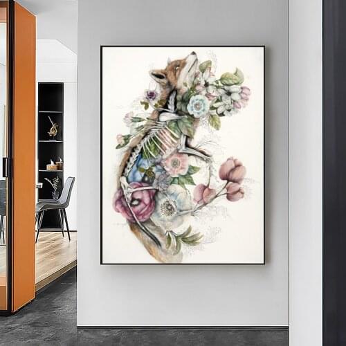 WANGART Modern Garden Anatomical Flower Fox Body Animal Oil Painting Wall Art For Living Room Home Decor Posters And Prints