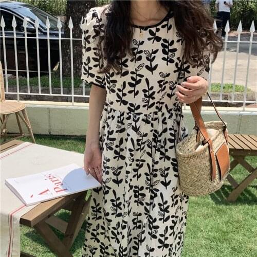 Vintage Floral Simple Casual Short Puff Sleeve O-neck Fashion Basic College Wind Japanese Style Women Dresses