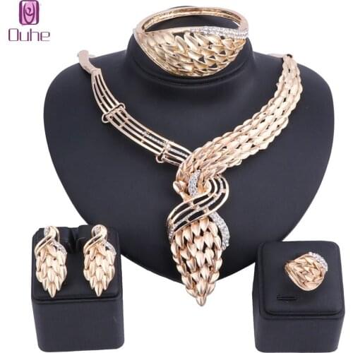 Fashion Dubai Jewelry Sets Leaf Multi Layer Crystal Bridal Gift Nigerian Wedding Accessories Big African Jewelry Set