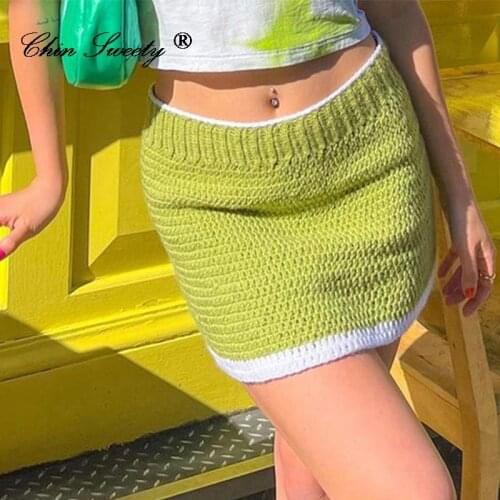 Womens Mini Knitted Skirts High Waist Summer Wild Casual Contrast Color Slim Fit Wrapped Hips Crochet Sweet Ladies Pencil Skirt