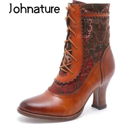 Johnature Short Plush Women Boots 2020 New Women Shoes Genuine Leather Embroidery Cloth Patchwork Zip Cross-tied Platform Boots