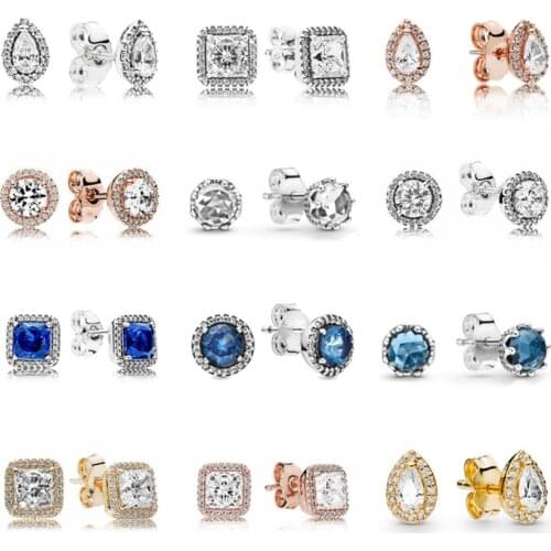 Authentic 925 Sterling Silver Rose Timeless Elegance With Crystal Stud Earring For Women Wedding Gift Fashion Jewelry