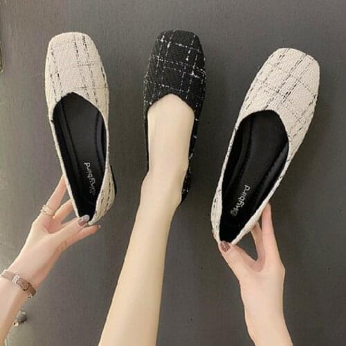 Single shoes womens flat bottom 2020 autumn beanie shoes square toe retro autumn shallow mouth plaid grandma shoes