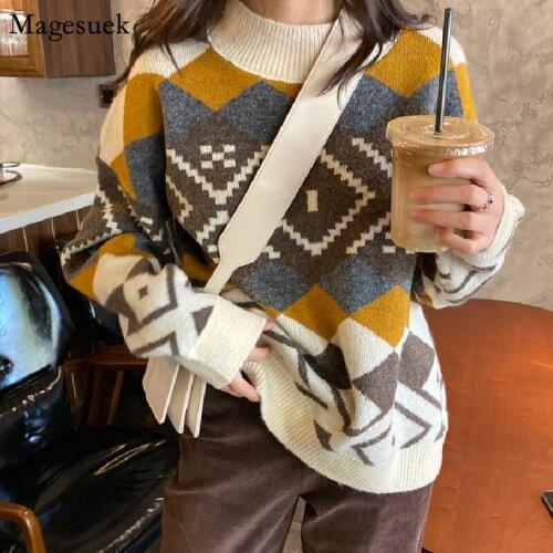 2021 Autumn and Winter Casual Knitted Sweater Jumper Argyle Pullover Sweater Women Plaid Pull Femme Loose Jumpers Sweaters 16473